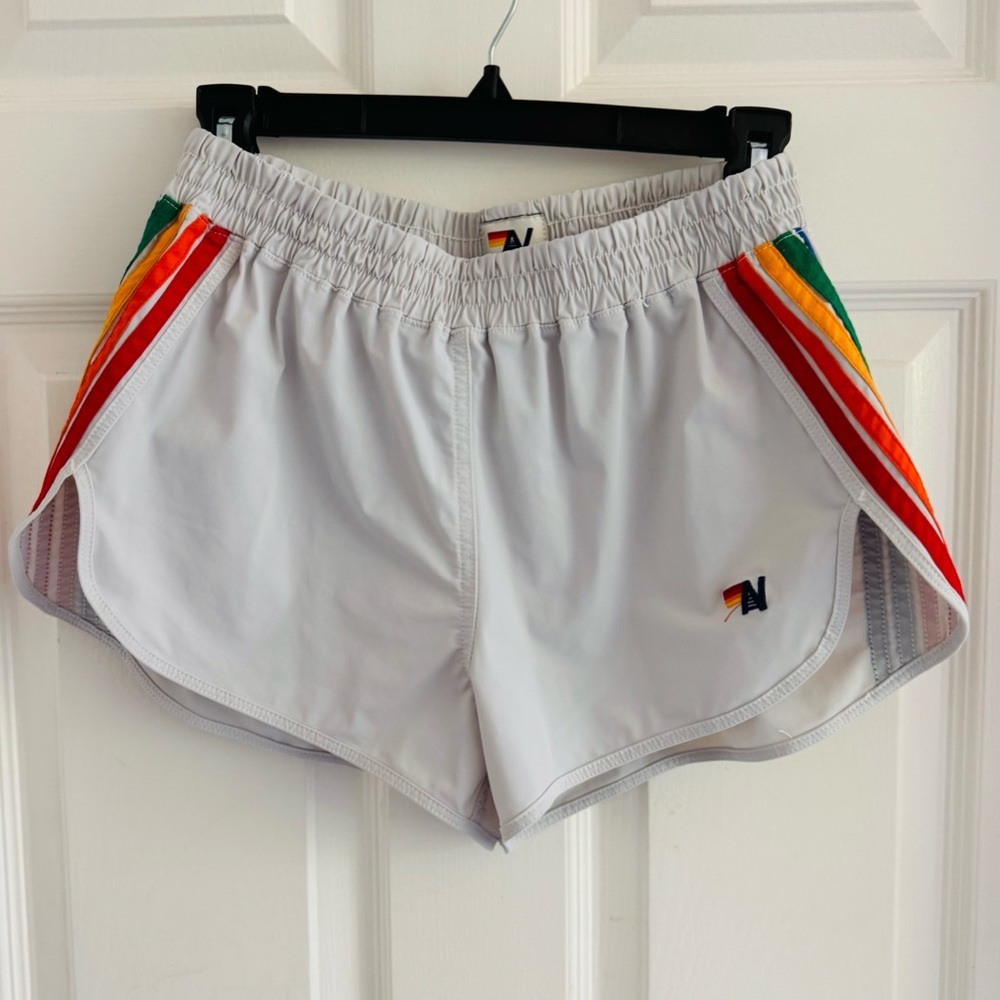 Aviator Nation White Athletic Shorts with Rainbow Stripes